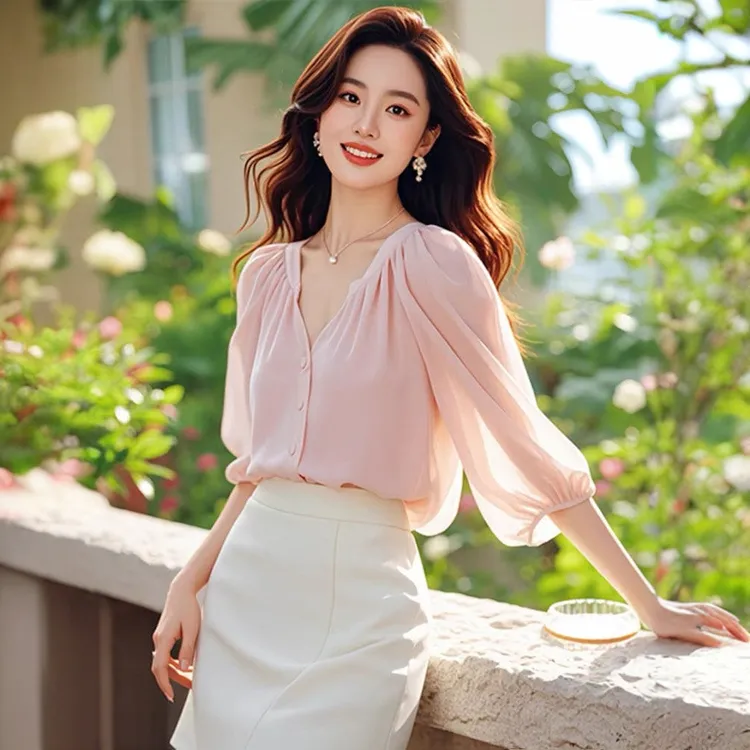 法式粉色雪纺衬衫女夏季2025新款七分袖漂亮小衫气质上衣时尚衬衣