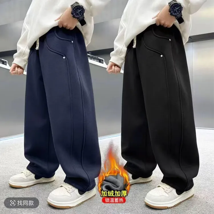 胖大童加绒运动裤加肥版大码男童加厚弯刀裤中大童纯棉香蕉裤显瘦