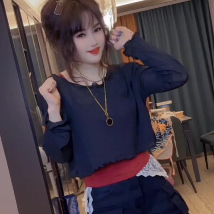 防晒衣长袖T恤女夏季设计感小众露肚脐针织罩衫两件套