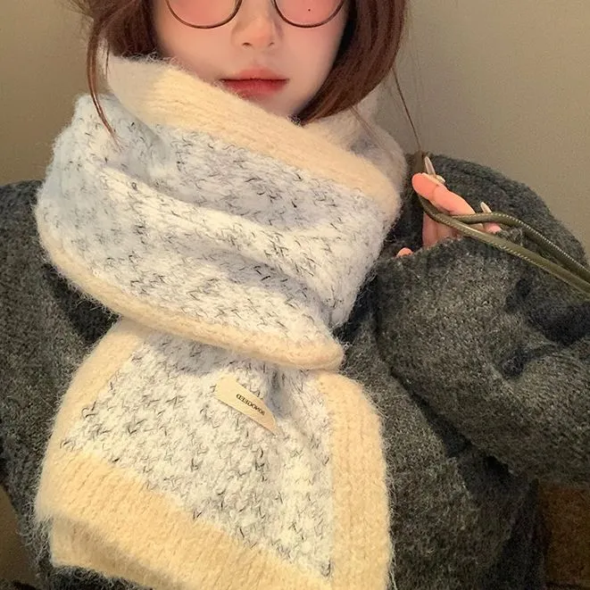 海盐白色恋人韩系含羊毛撞色针织围巾女秋冬季高级感百搭保暖围脖