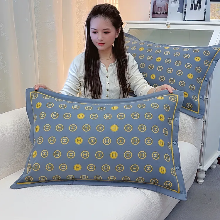 按扣式纯棉纱布枕套一对48x74加大厚枕头套家用成人透气枕套