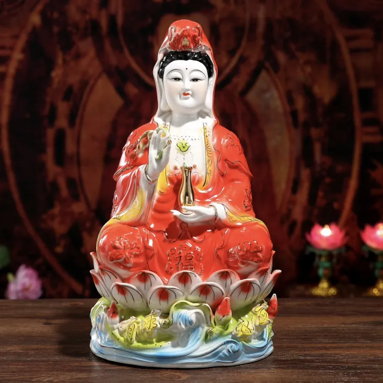 陶瓷红衣观音南海菩萨佛像观世音绿衣摆意赛