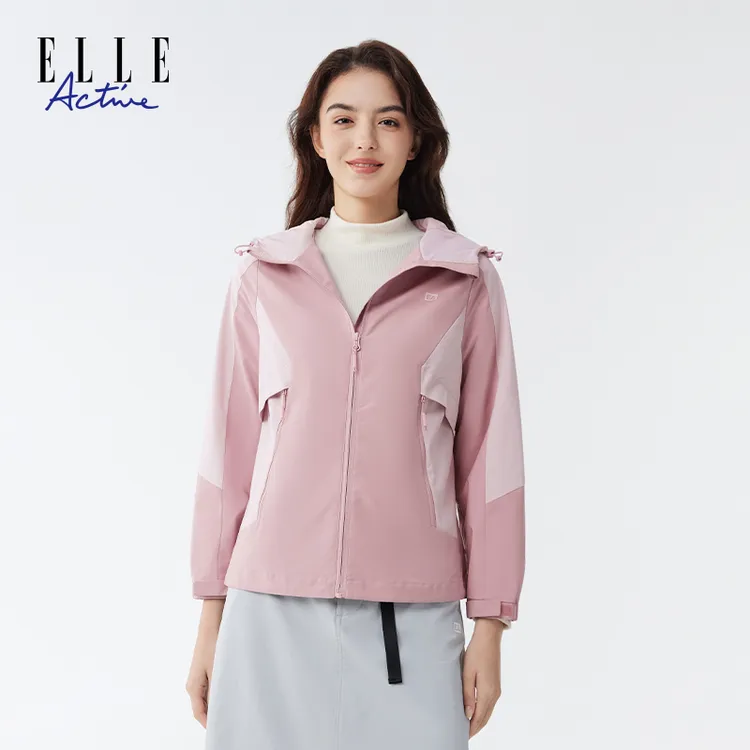 ELLE Active新款拼色户外风衣女士运动休闲拉链连帽防风保暖外套