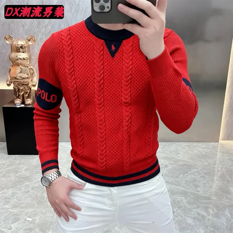 高档轻奢红色提花针织衫毛衣男士秋冬款时尚保暖打底衫男装25228