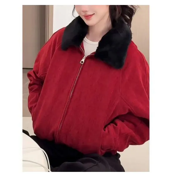 美式复古红色翻领夹克外套女2024冬季新款加厚保暖宽松短款上衣潮