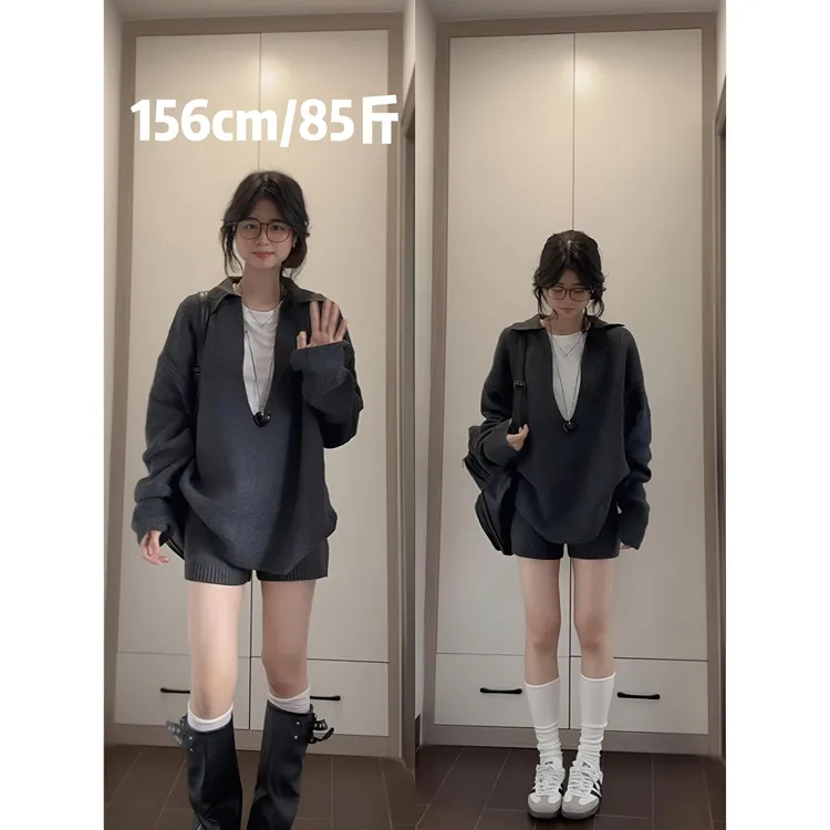MARIE.COCO韩系慵懒松弛感灰色翻领针织衫毛衣内搭上衣短裤三件套