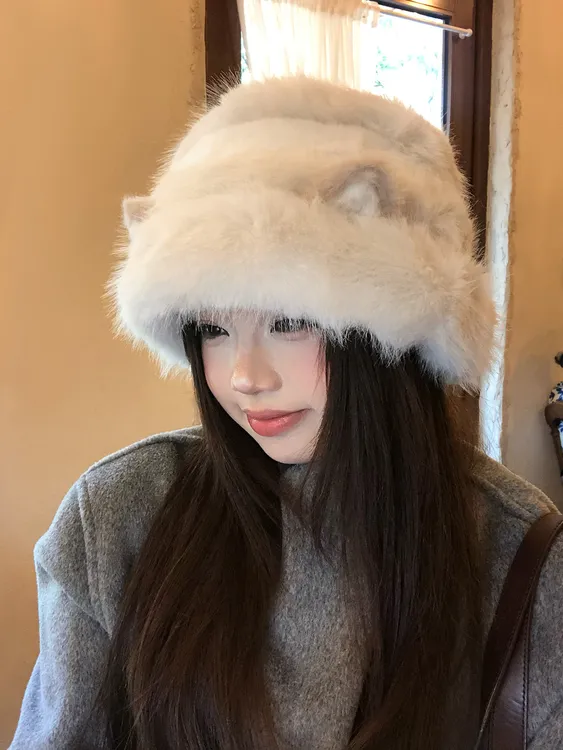 可爱猫咪耳朵渔夫帽子女冬季2025新款防寒保暖毛绒帽子大头围盆帽