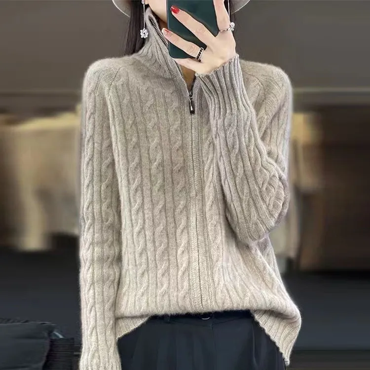 羊绒拉链开衫女秋冬新款针织大码毛衣外套宽松加肥加厚羊毛衫上衣