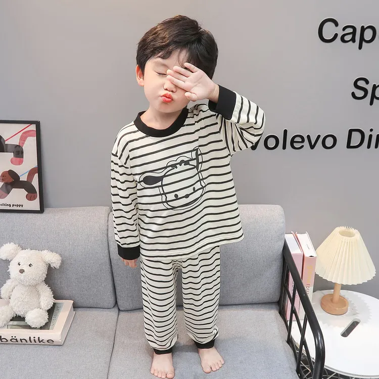 1-3岁长袖童装睡衣套装秋冬卡通条纹可爱男宝宝儿童居家服小童2