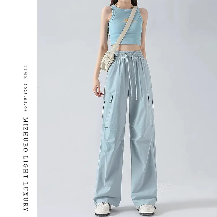 浅蓝色冰丝薄款工装裤女夏季2025新款美式速干设计感运动阔腿裤子
