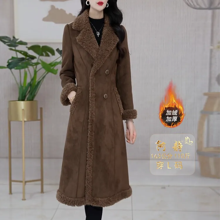 时尚复古中长款加绒加厚外套女2025冬季新款女士气质休闲保暖大衣