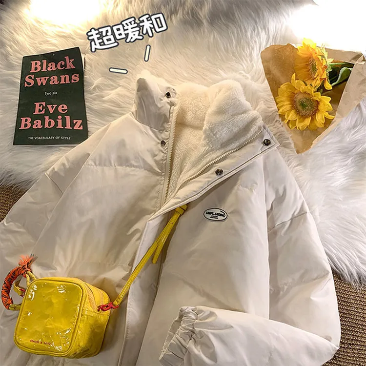 冬季女款羊羔毛立领加绒加厚宽松时尚洋气棉服外套