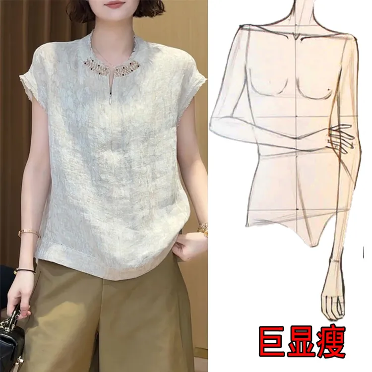 韩版圆领短袖衬衫女生夏季薄款宽松型时尚百搭钉珠设计感洋气上衣