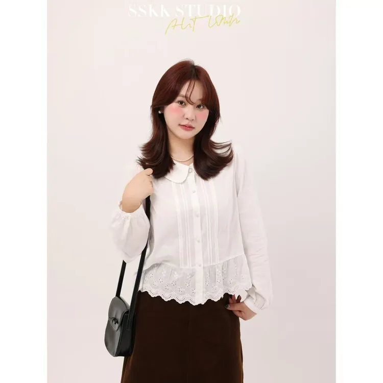 KMZY/KMZY山_山【甜梦少女】微胖秋季韩系压褶花边娃娃领减龄衬衫女