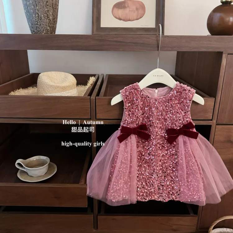 【甜品起司】粉碎钻！韩系女童亮片背心裙冬款加绒蝴蝶结公主裙套装