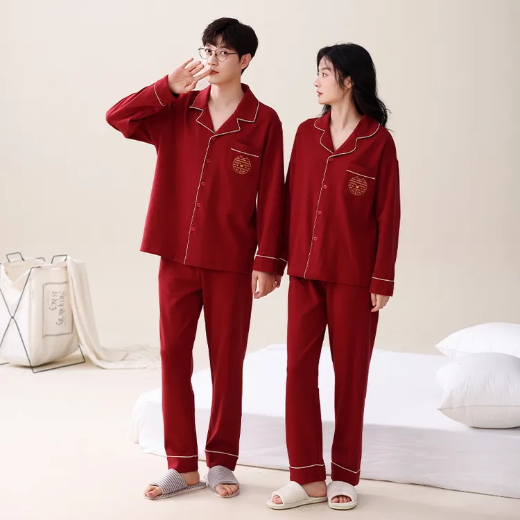 芬腾可安【弹力纯棉】秋冬新款睡衣女喜庆情侣枣红色结婚家居服套装