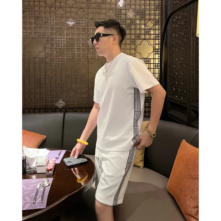 【老钱套装】夏日清爽条纹织带液氨棉男士短袖T恤套装短裤WYG6652