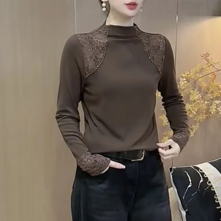 抗起球T恤长袖有弹力拼接女士女修身常规款半高领