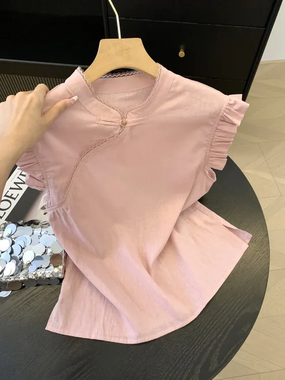 新中式国风立领木耳花边盘扣无袖背心衬衫女夏季设计感小飞袖上衣