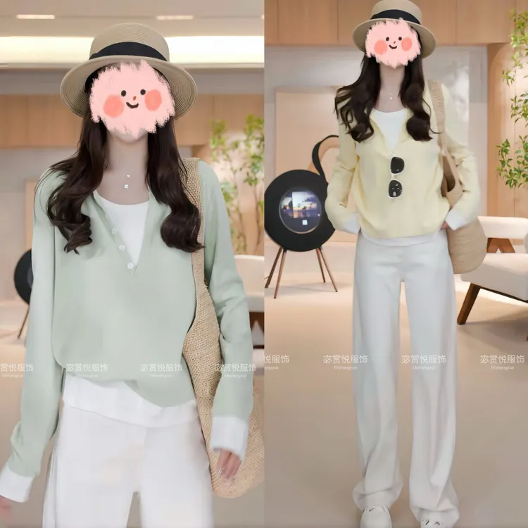 时尚洋气休闲百搭长袖假两件针织衫上衣+显瘦牛仔裤两件套气质春