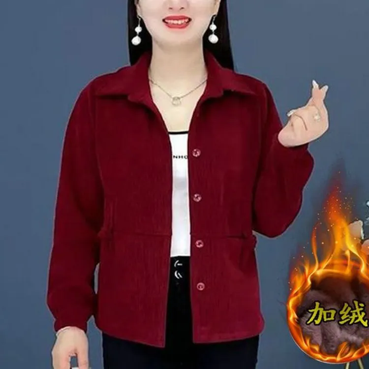 妈妈秋冬装灯芯绒加绒加厚外套中老年女装时尚休闲洋气长袖开衫