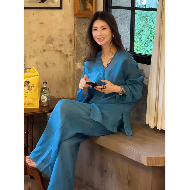 法式松弛感棉麻衬衫套装女秋季慵懒宽松高级防晒衣休闲长裤两件套