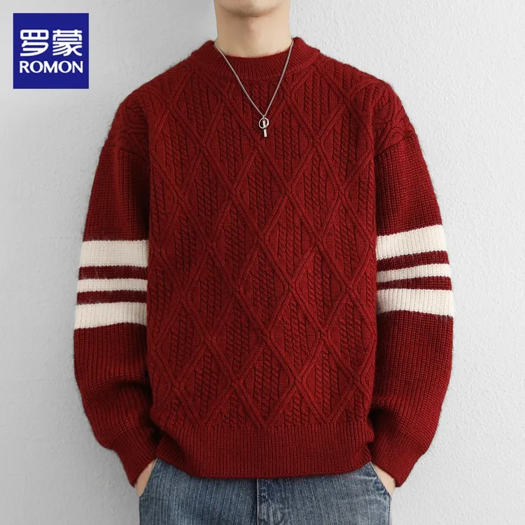 罗蒙男士毛衣菱格提花条纹内搭线衣秋冬新款宽松休闲圆领针织衫