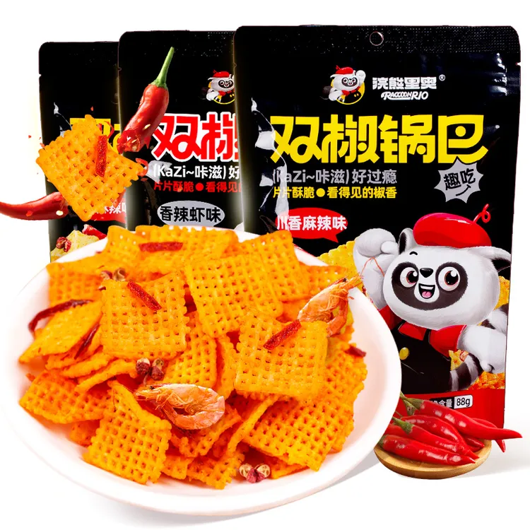 【浣熊里奥】双椒锅巴花椒锅巴花椒麻辣香辣虾味解馋休闲零食88g/袋