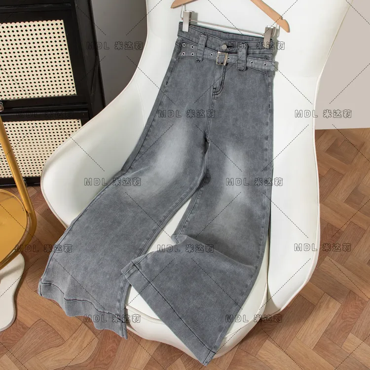 烟灰色高腰阔腿裤牛仔裤女2025新款复古水洗弹力宽松显瘦潮7922