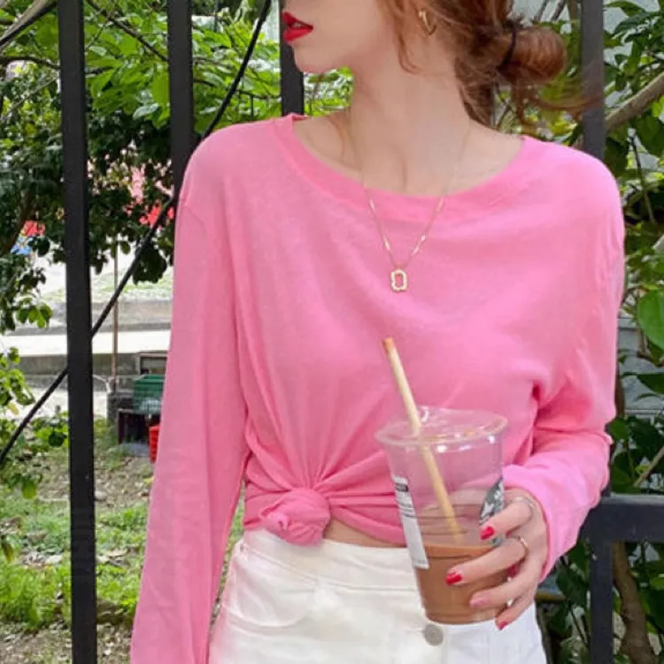 夏季新款长袖宽松休闲圆领防晒衣女外穿套头冰丝面膜T恤空调罩衫