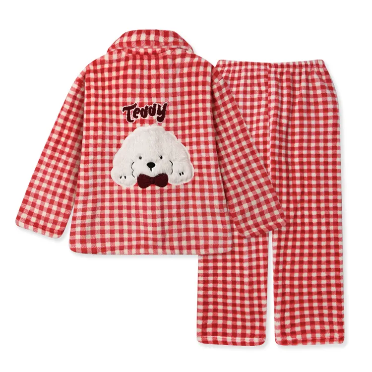 冬季加厚珊瑚绒女士睡衣冬天法兰绒翻领学生卡通狗格子家居服套装