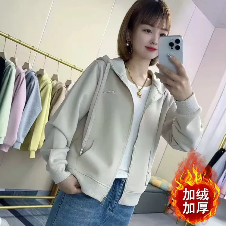 【9008正肩加绒/不加绒】短款连帽休闲百搭卫衣外套款刺绣上衣女