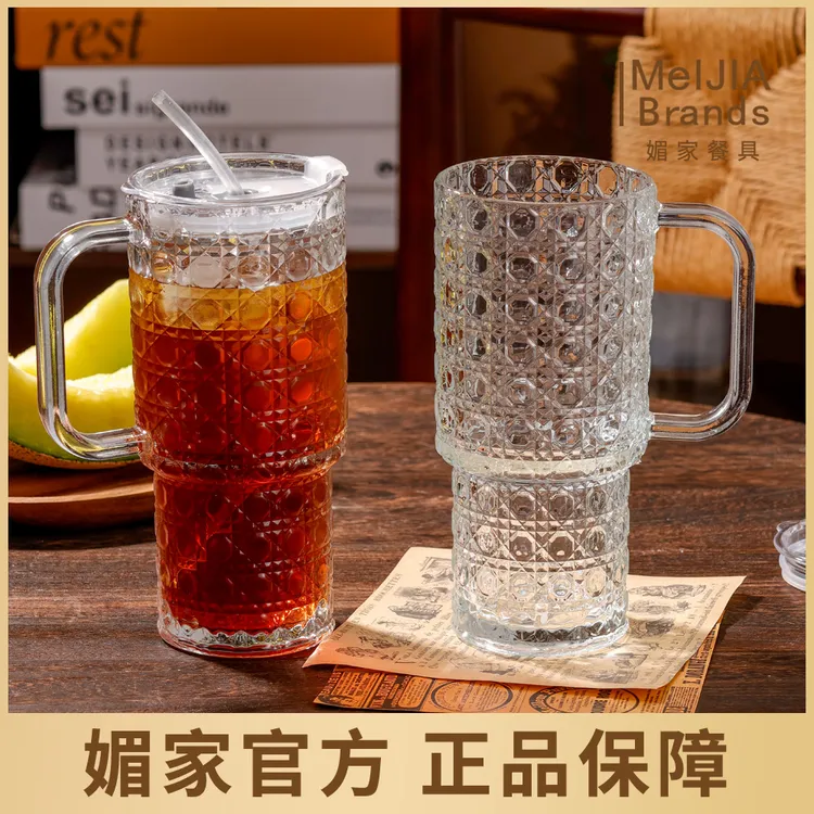 媚家轻奢巨无霸钻石把手杯加厚玻璃大容量水杯家用办公室果汁杯