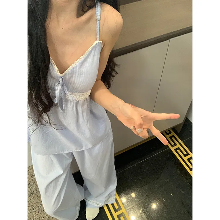 日系小清新蕾丝花边吊带睡衣女2025新款夏季宽松大码家居服套装