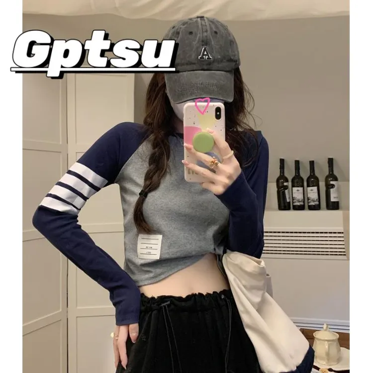 GPTSu美式复古撞色插肩长袖秋季休闲运动短款上衣修身内搭打底衫