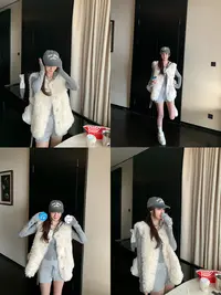 秋冬必入！设计师款白色韩版时尚环保毛毛休闲百搭V领马甲外套