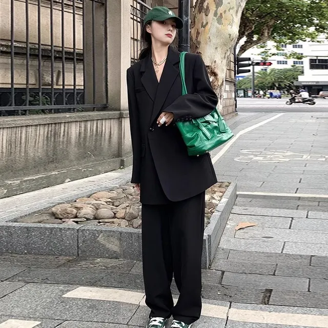 黑色西装外套女2025春秋新款韩系小个子休闲小西服阔腿裤两件套装