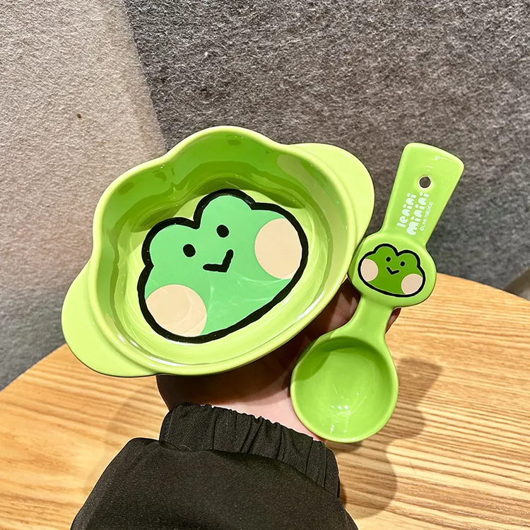 LINE布朗熊陶瓷双耳饭碗勺子可爱卡通家用宿舍早餐甜品碗餐具套装