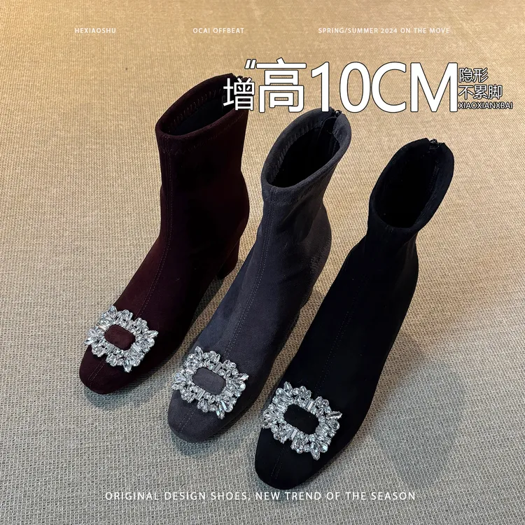 法式复古气质水钻方扣短靴女平底内增高灰色加绒方头时装靴