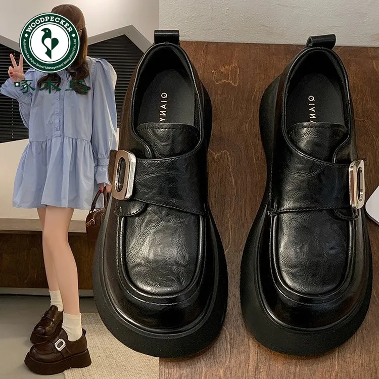 啄木鸟厚底增高乐福鞋女春秋季女鞋子百搭爆款单鞋英伦风小皮鞋