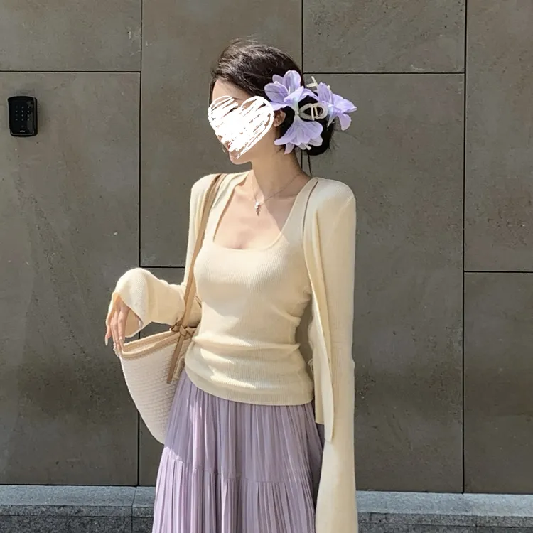 针织开衫外套女春夏薄款挂脖背心设计感两件套  19006