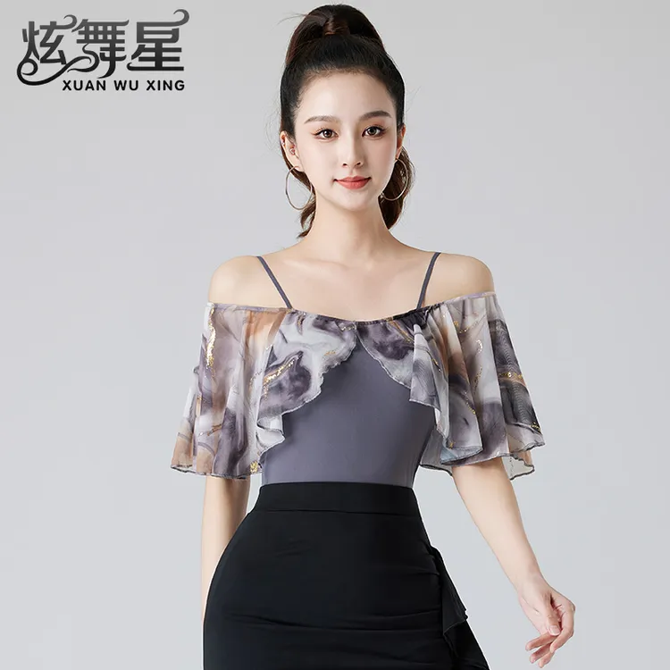 摩登舞上衣女新款性感一字领飞袖拉丁舞练功服成人显瘦交谊舞服装