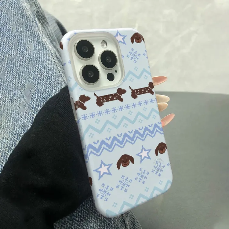 手绘腊肠狗双层菲林壳适用于苹果16手机壳爱心ins卡通透明全包可