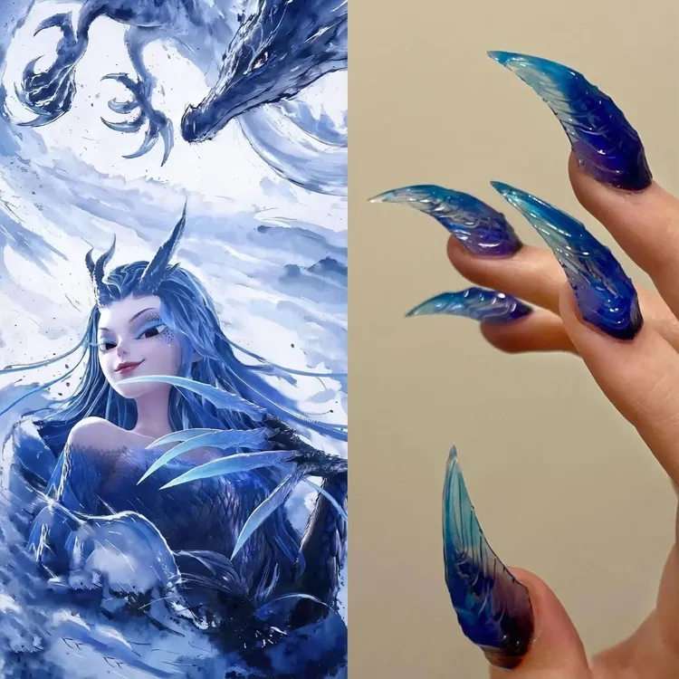 敖姑姑裂空爪申小豹美甲 蓝色系光疗穿戴甲手工预制甲片批发