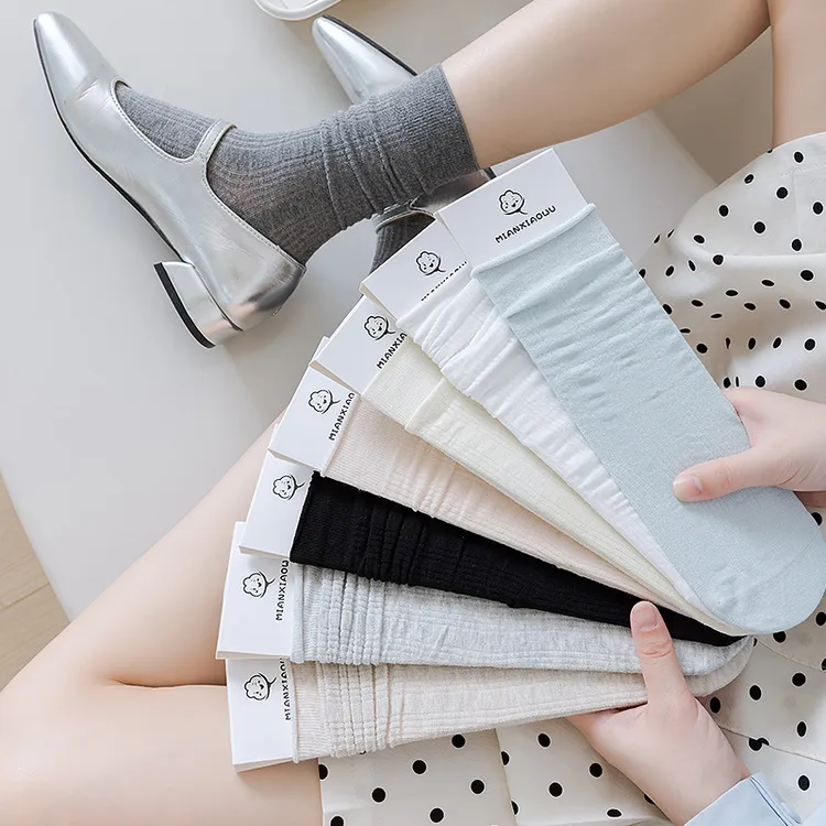 春夏薄款纯色堆堆袜女ins韩系甜美少女镂空一体机无骨中高筒棉袜