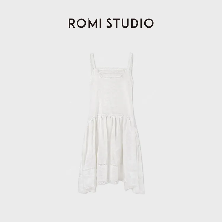 ROMI STUDIO100%高支亚麻法蕾绣花双层拼接连衣裙 RWDSLY3231