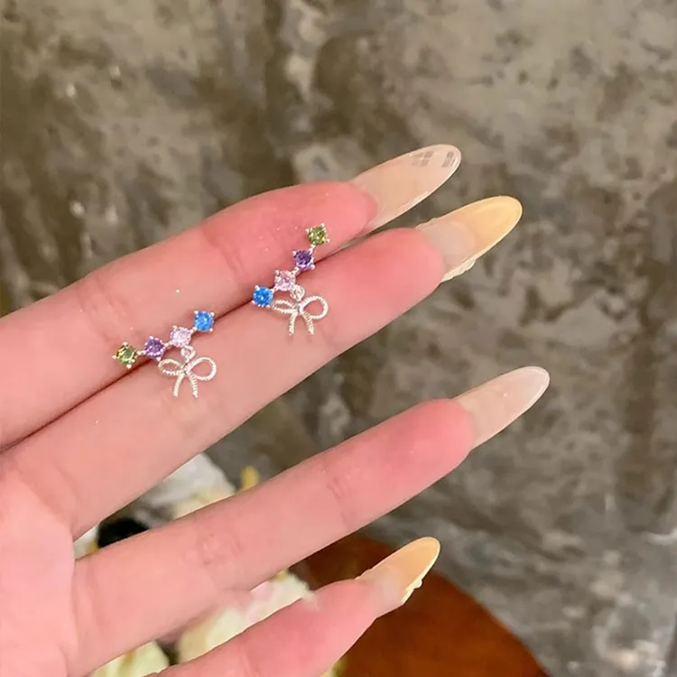 多巴胺彩色锆石耳环蝴蝶结银针耳钉女甜美百搭小众新款耳饰6338