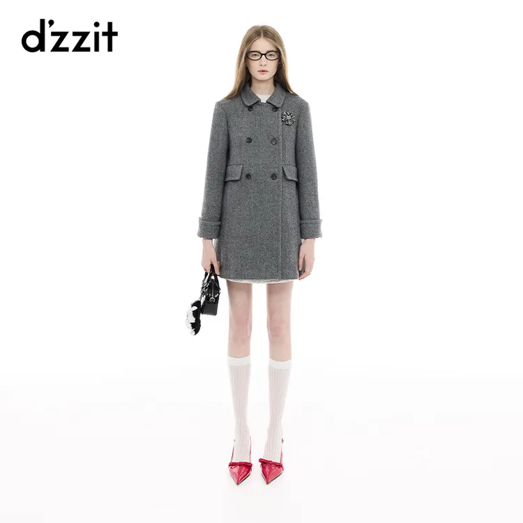 dzzit地素毛呢外套25春新款高级感中灰双排扣中长大衣女3J1G2501E