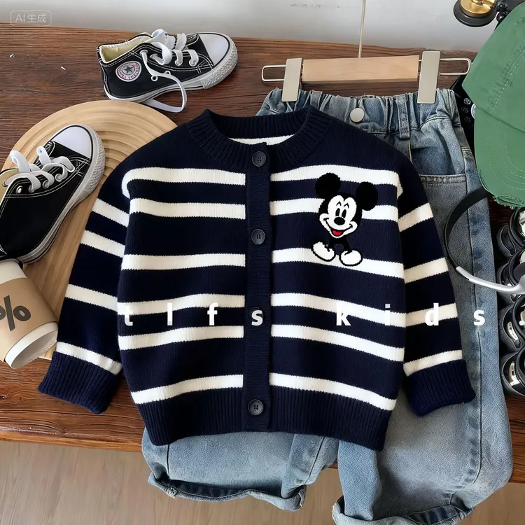韩系儿童穿搭卡通米老鼠提花开衫毛衣外套2025秋装男童女童针织衫