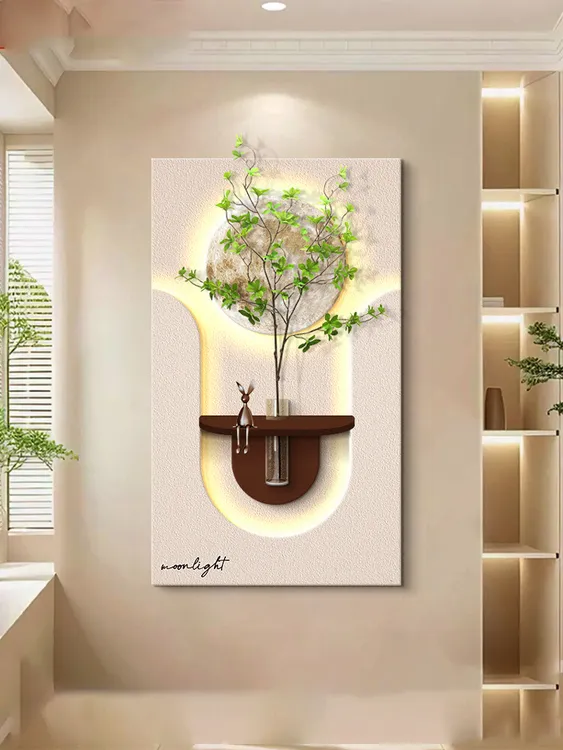 奶油风玄关装饰画水培绿植创意壁灯高档砂岩挂画入户走廊过道壁画